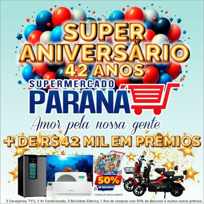 Imagem da notícia Supermercado Paraná completa 42 anos com mais de R$ 42 mil em prêmios para seus clientes